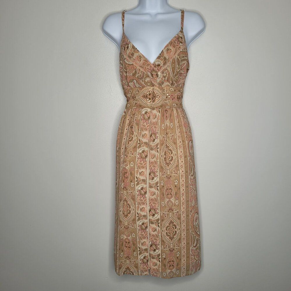 Vintage y2k brown tan boho beaded coachella artsy midi ethereal dress size 14